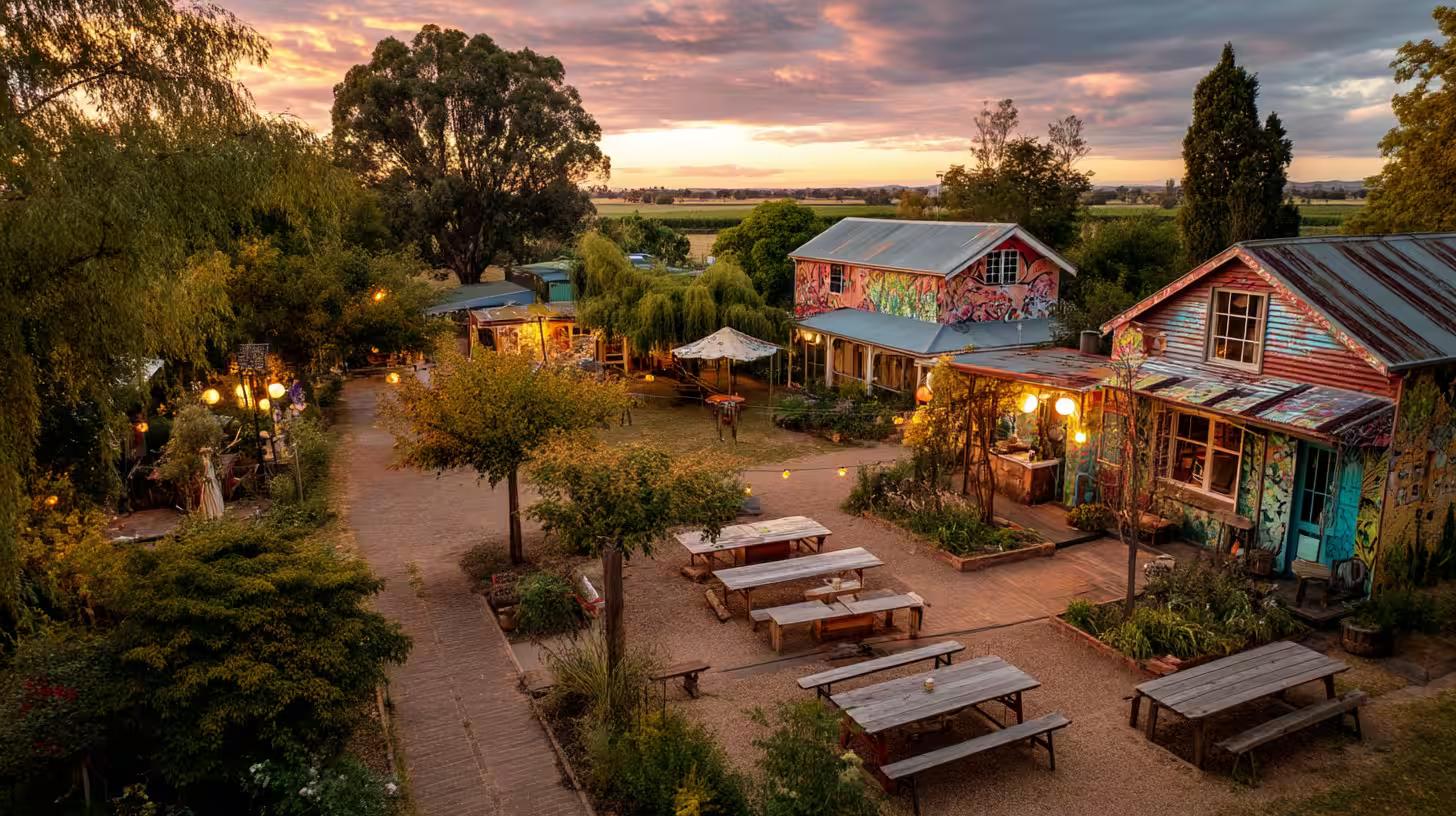 Aerial view of a hostel building with surrounding greenery